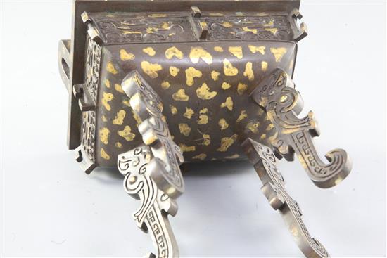 A Chinese archaistic gold splashed bronze censer, Fang ding, 19th century, width 16.5cm height 20cm